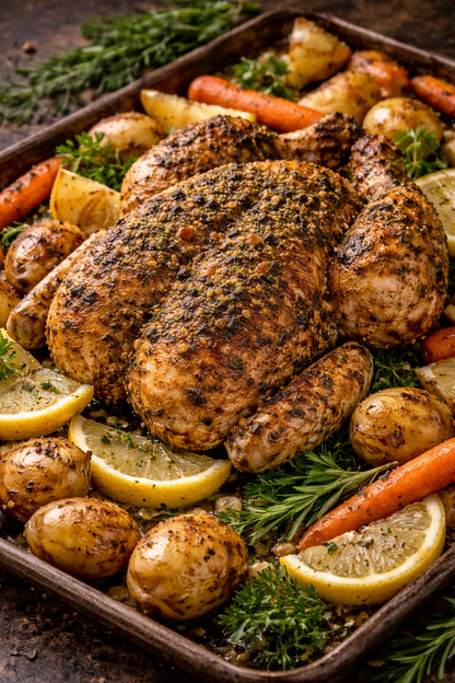 Herb-roasted whole chicken with baby potatoes, carrots, and fresh rosemary