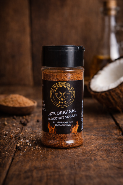 JK’s Original Coconut Sugar BBQ Rub – small batch smoked seasoning on wooden background with coconut and brown sugar