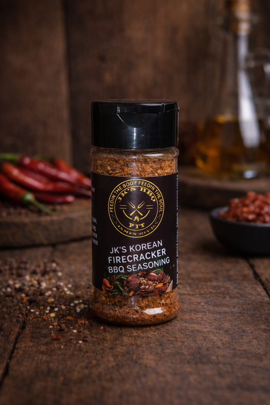JK’s Korean Firecracker BBQ Rub – bold spicy Korean-style seasoning on wooden background with red chili peppers