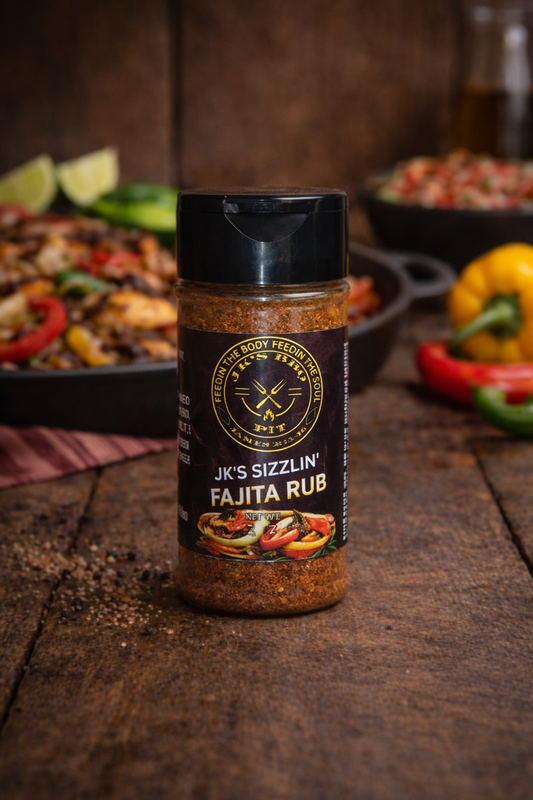 JK’s Sizzlin’ Fajita Rub Tex-Mex BBQ seasoning for fajitas, steak, chicken, and grilled vegetables