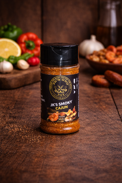 JK’s Smoky Cajun BBQ seasoning bottle on rustic wood background