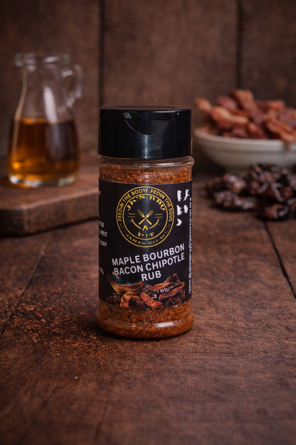 JK’s Maple Bourbon Bacon Chipotle BBQ rub seasoning for burgers, pork, chicken, and grilled meats on rustic wood background