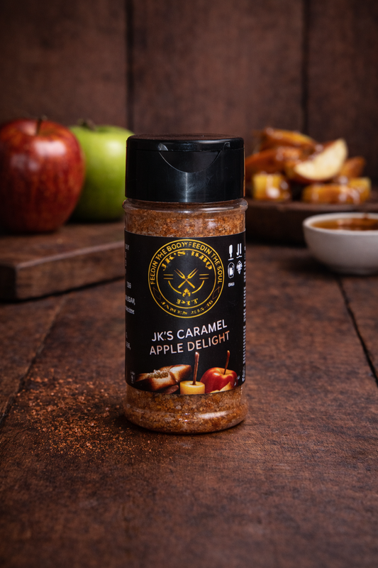 JK’s Caramel Apple Delight sweet seasoning for apples, desserts, baking, oatmeal, and fruit on rustic wood background
