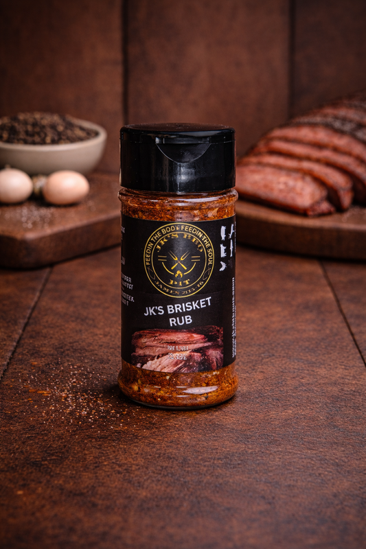 JK’s Brisket BBQ rub seasoning for smoked brisket, beef, ribs, and Texas style barbecue