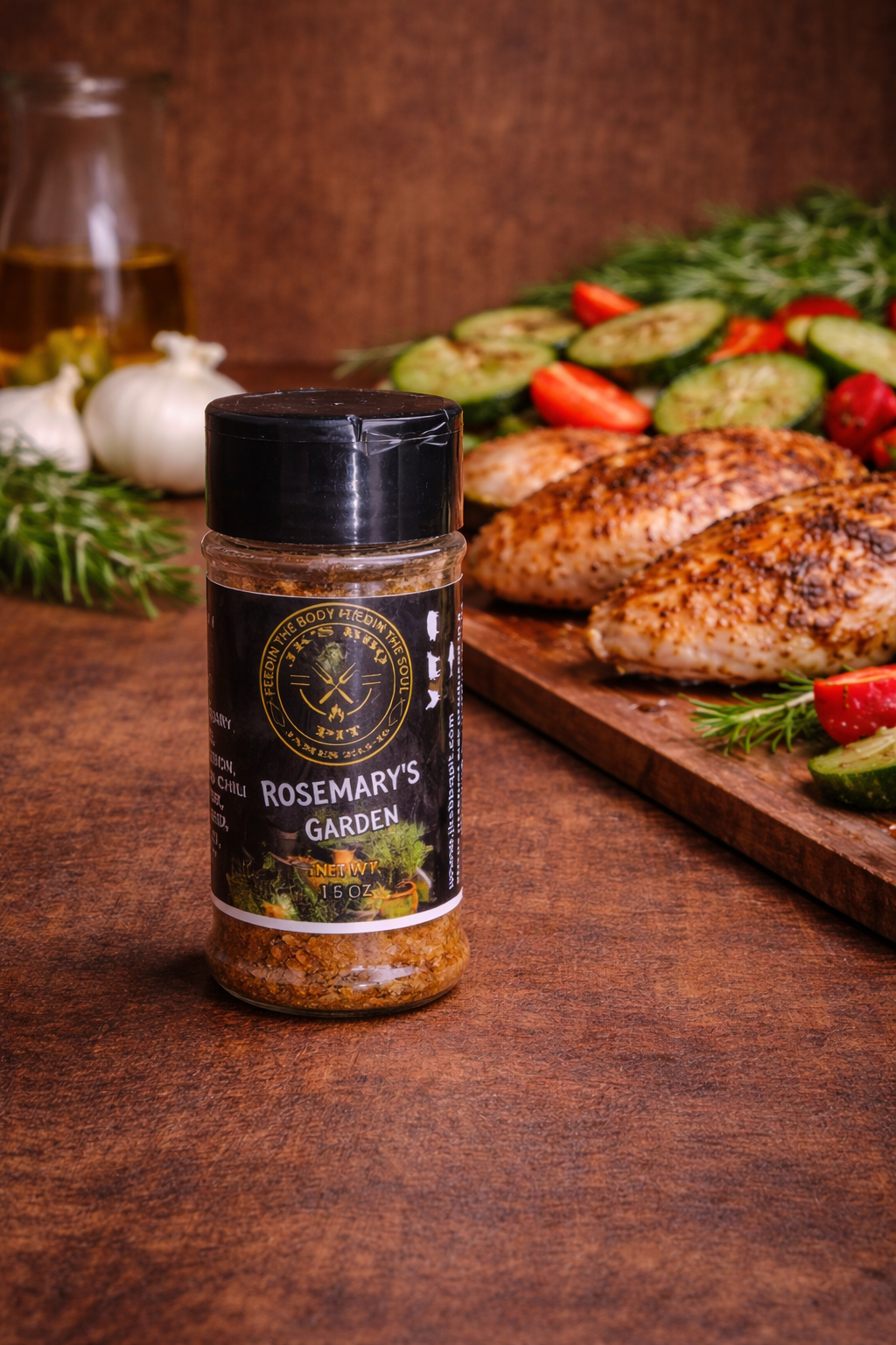 JK's BBQ Pit Rosemary's Garden seasoning bottle on rustic wood table with grilled chicken and vegetables, herb seasoning for poultry and roasted veggies