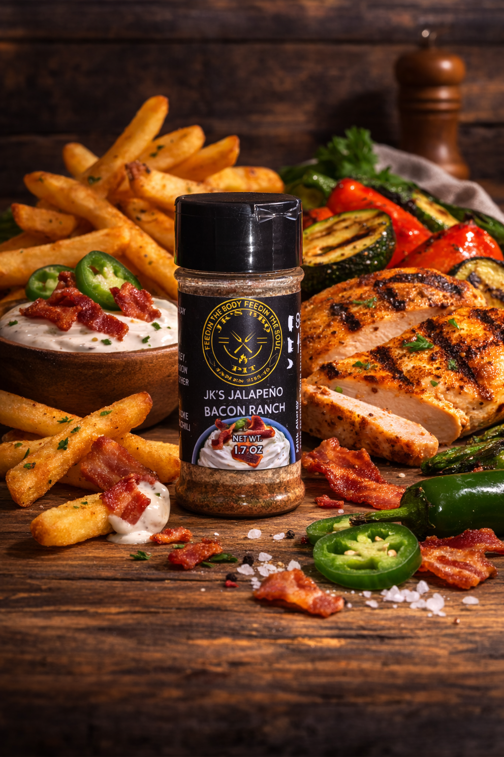 JK's BBQ Pit Jalapeño Bacon Ranch seasoning bottle with ranch dip, bacon, French fries, grilled chicken and jalapeños on rustic wood table