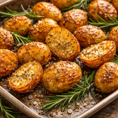 Roasted baby potatoes topped with fresh rosemary and coarse smoked salt