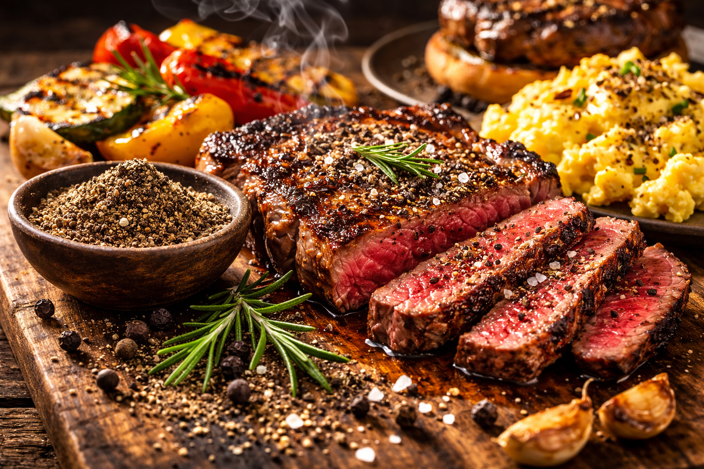 Grilled ribeye steak with cracked black pepper and coarse salt on a wooden board