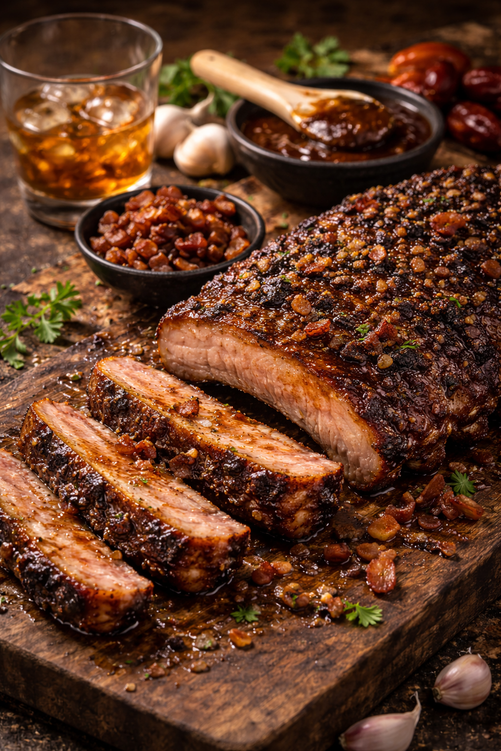 Glazed pork ribs with dark caramelized bark and crispy bacon pieces