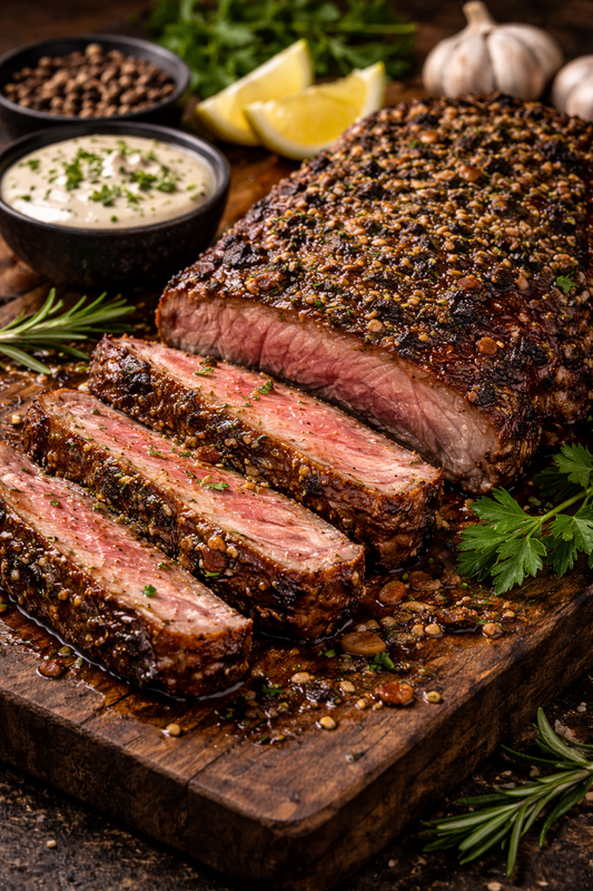 Grilled ribeye steak with herb crust and sliced medium-rare center on wooden board