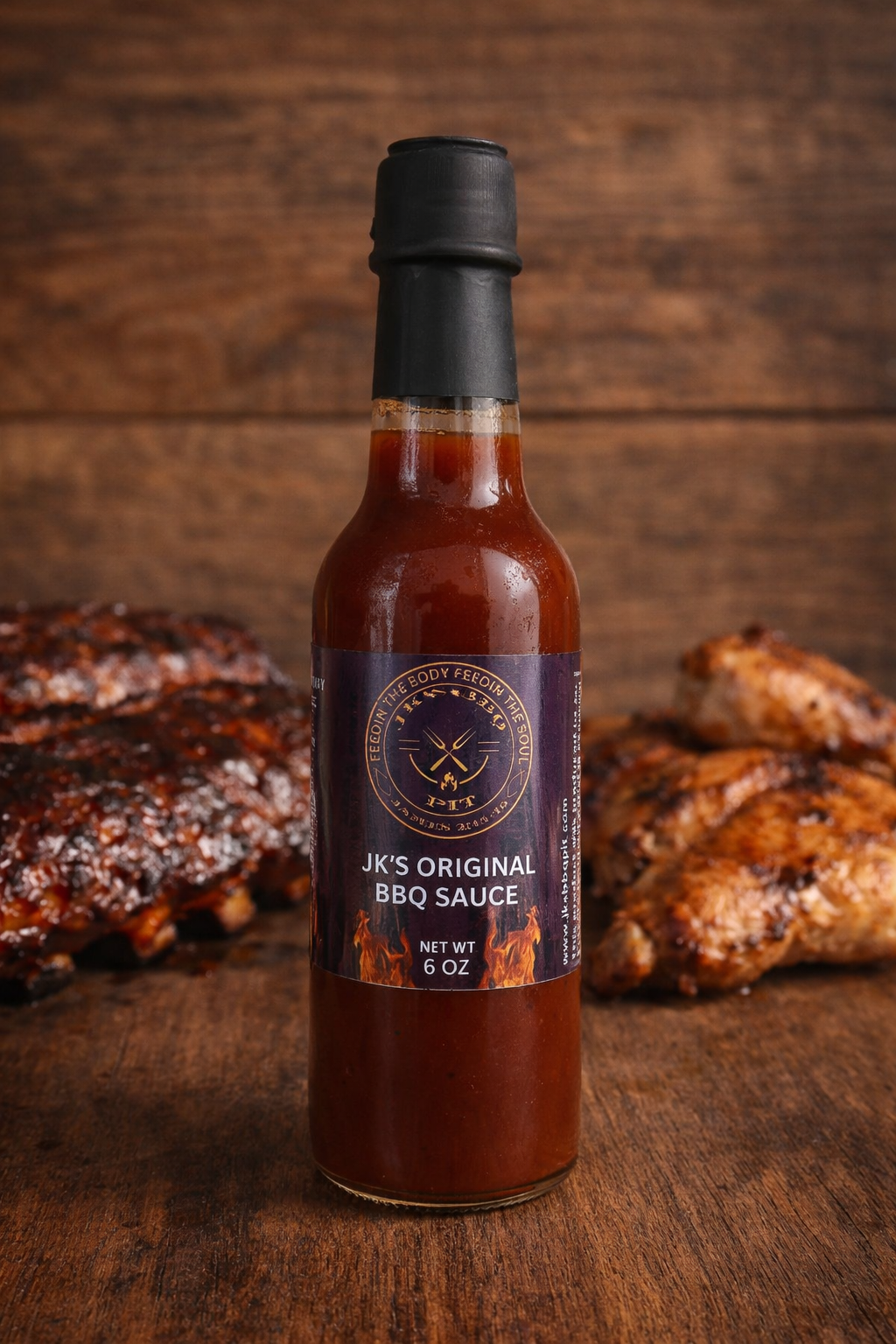 JK’s Original BBQ Sauce bottle on rustic wooden background with smoked ribs and grilled chicken