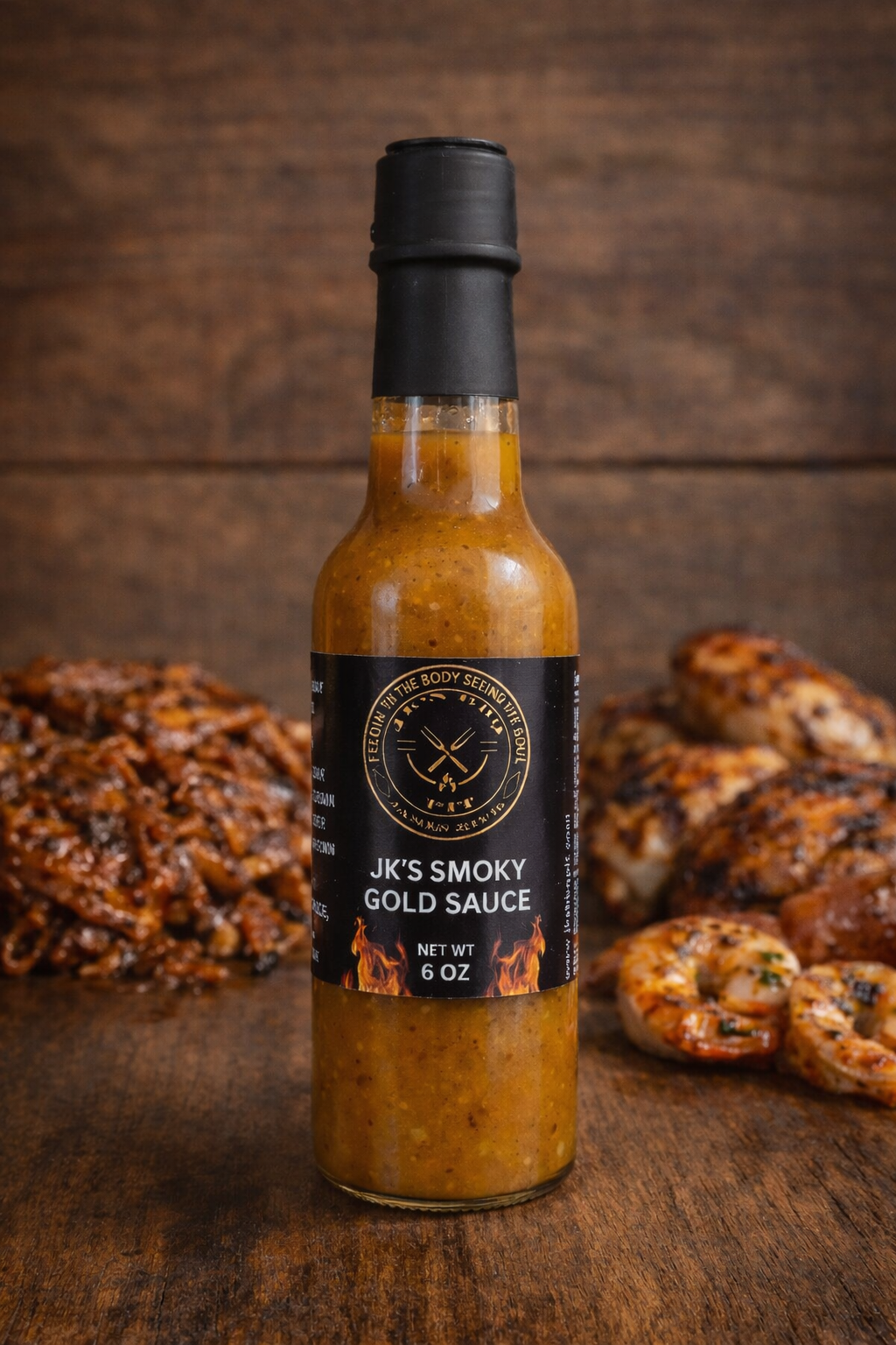 JK’s Smoky Gold BBQ Sauce bottle on rustic wooden background with grilled chicken, ribs, and smoked sausage