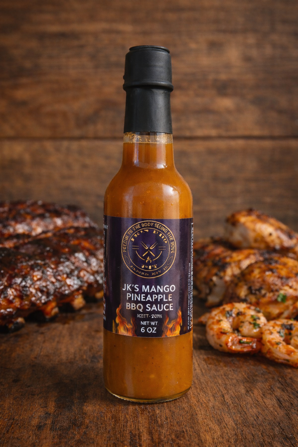 JK’s Mango Pineapple BBQ Sauce bottle on rustic wooden background with grilled chicken, ribs, and shrimp