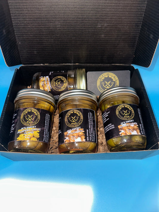 Smoked olive sampler bundle with garlic, gouda, feta and jalapeño olives
4 jar smoked olive sampler bundle by JK’s BBQ Pit