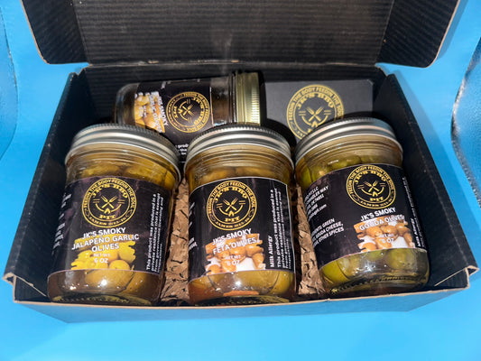 Gift box of smoked gourmet olives featuring four handcrafted olive varieties