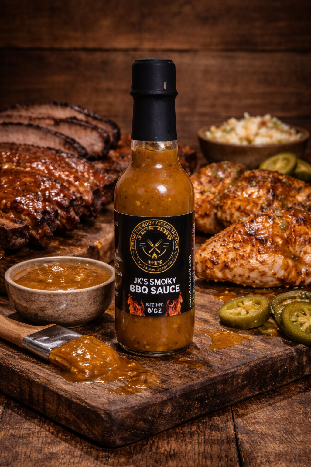 Bottle of JK’s Smoky Gold BBQ Sauce on rustic wooden cutting board with smoked ribs, grilled chicken, jalapeños, and BBQ sauce bowl