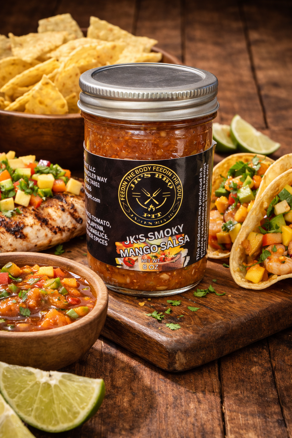Jar of JK’s Smoky Mango Salsa with shrimp tacos, grilled chicken, tortilla chips, and fresh mango salsa on rustic wooden cutting boards