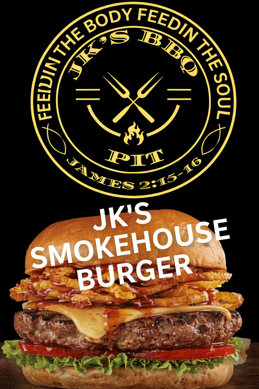 Smokehouse burger with JK's Smokehouse Burger text and logo on a black background