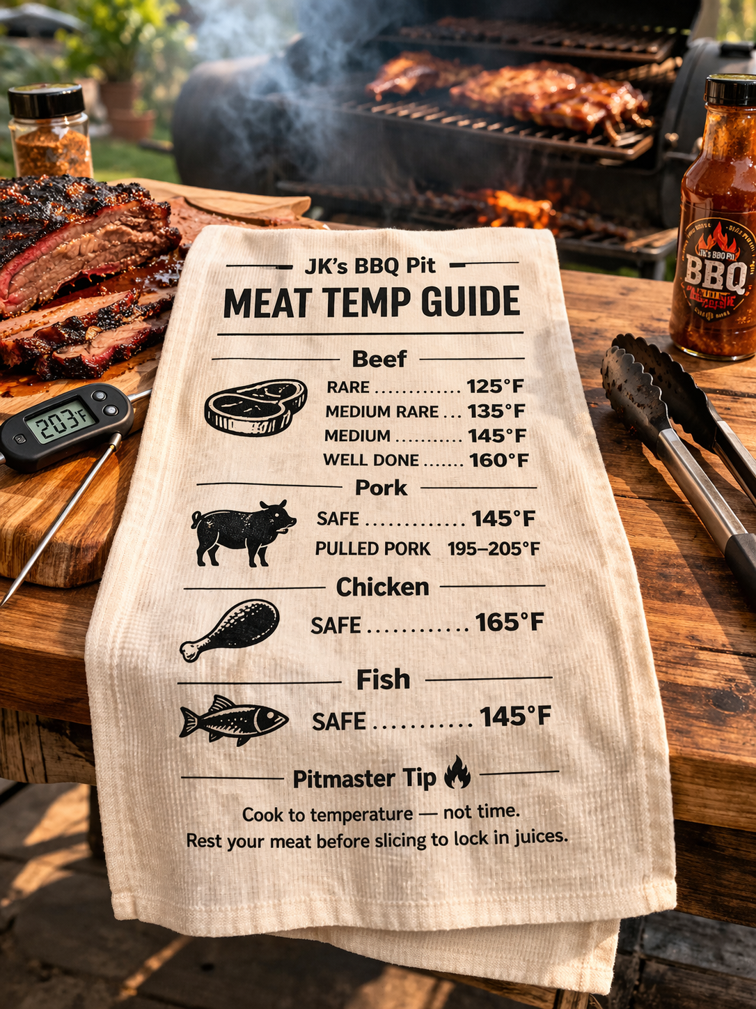 BBQ meat temperature guide towel displayed on table with sliced brisket, smoker, and grilling tools