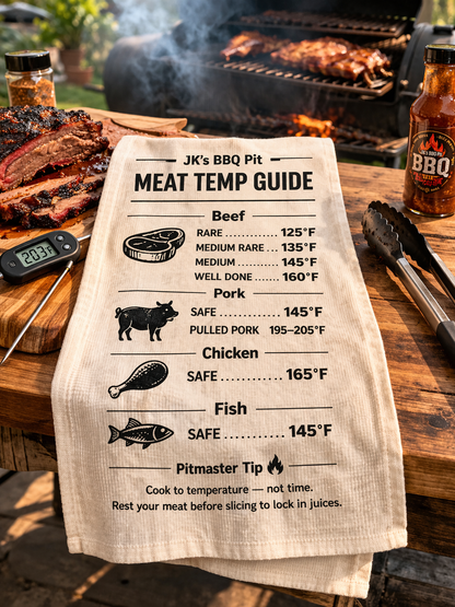 BBQ meat temperature guide towel displayed on table with sliced brisket, smoker, and grilling tools