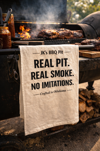 BBQ pit towel hanging on smoker with real pit real smoke text, brisket cooking and fire in background