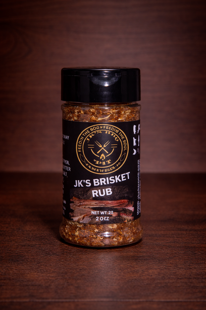 2 oz brisket rub seasoning for smoked brisket and beef – Texas-style BBQ rub by JK’s BBQ Pit on wood background