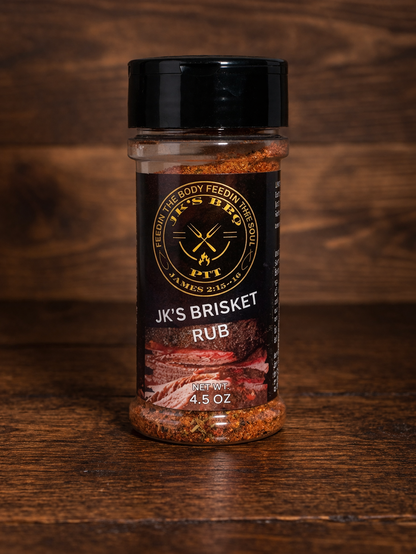 4.5 oz brisket rub seasoning for smoked brisket and beef – Texas-style BBQ pitmaster blend by JK’s BBQ Pit on wood background