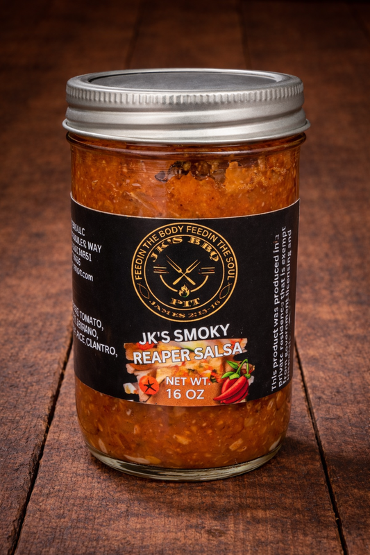 JK's BBQ Pit Carolina Reaper Smoked Salsa 16 oz jar on rustic wooden background extreme heat smoked salsa