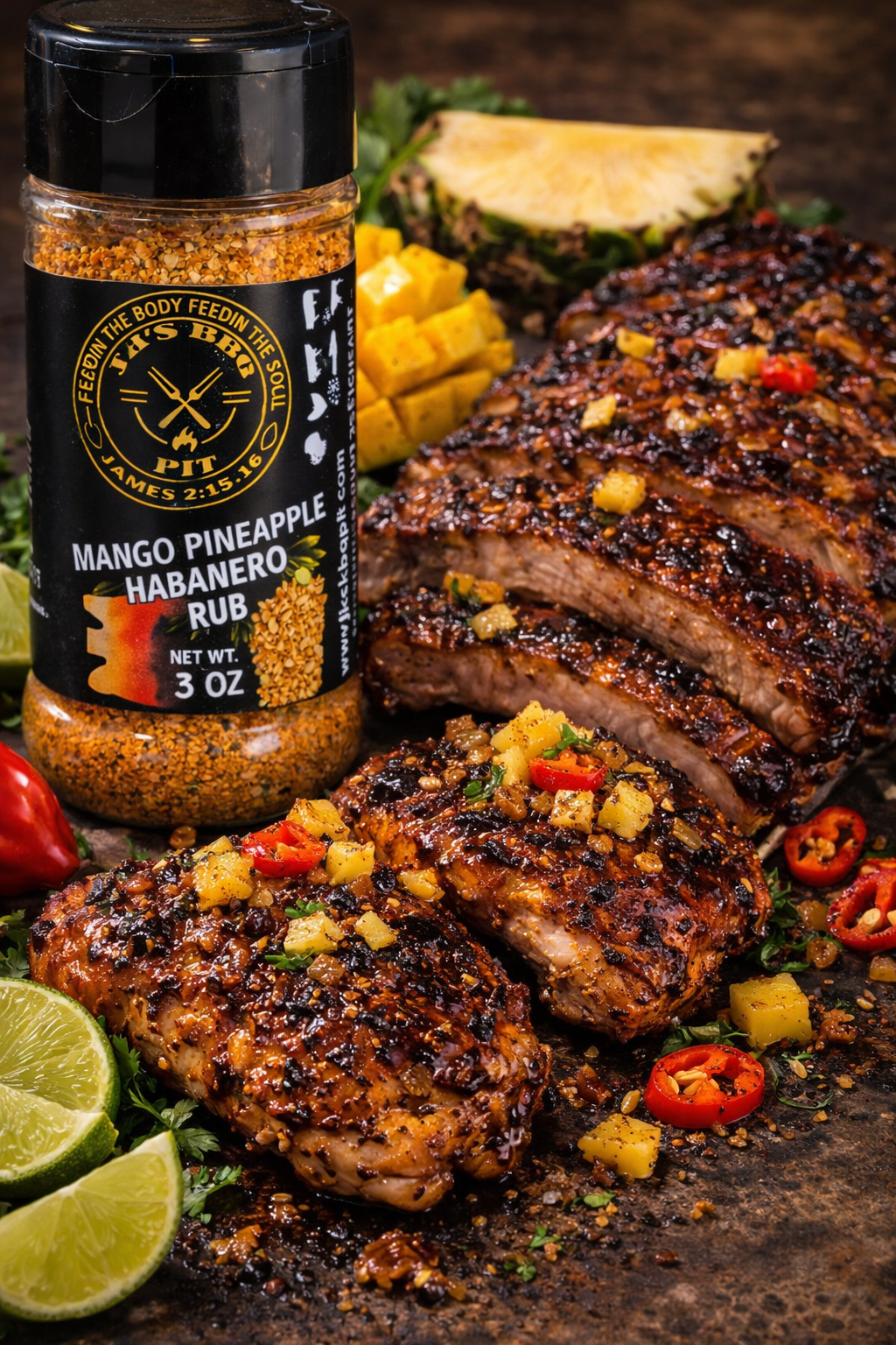 JK’s BBQ Pit Mango Pineapple Habanero Rub 3 oz seasoning bottle with grilled chicken thighs and BBQ ribs topped with mango pineapple and habanero garnish.