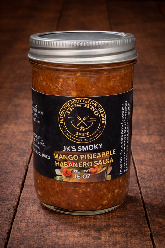 JK's BBQ Pit Mango Pineapple Habanero Smoked Salsa 16 oz jar on rustic wooden background sweet heat smoked fruit salsa