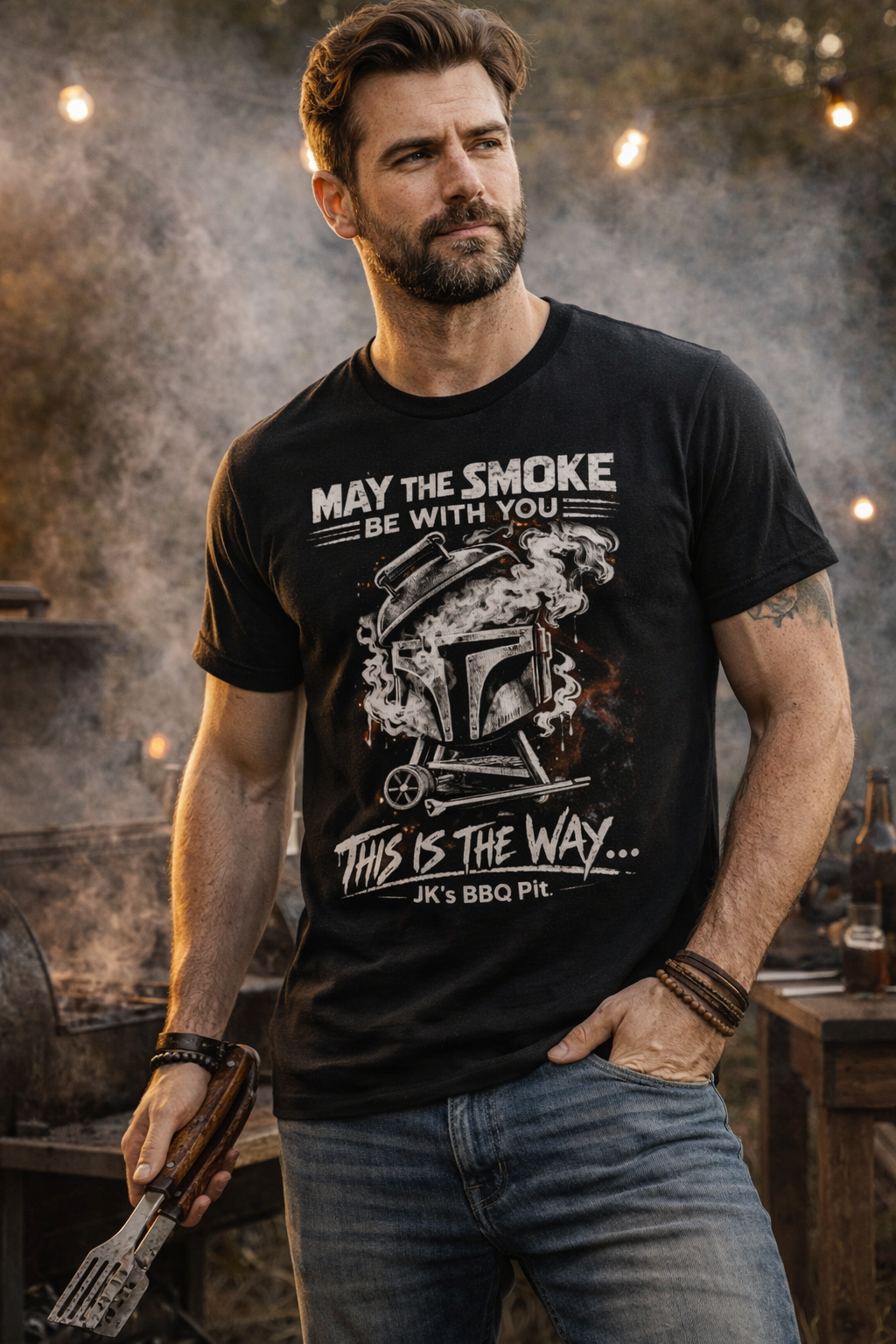 Man wearing JK’s BBQ Pit “May the Smoke Be With You” t-shirt while grilling outdoors with smoke and barbecue pit in background