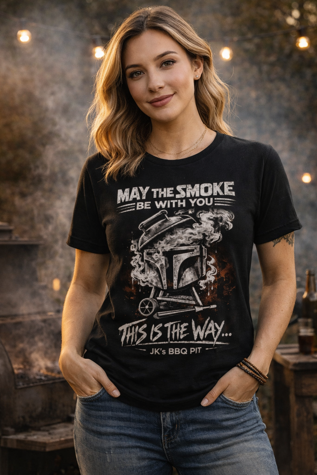 Woman wearing JK’s BBQ Pit “May the Smoke Be With You” t-shirt standing by a barbecue grill with smoke in the background