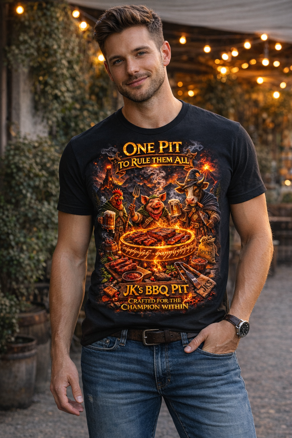 Man wearing JK’s BBQ Pit “One Pit to Rule Them All” BBQ t-shirt featuring fantasy fire pit design with smoked meats and pitmaster characters on black tee