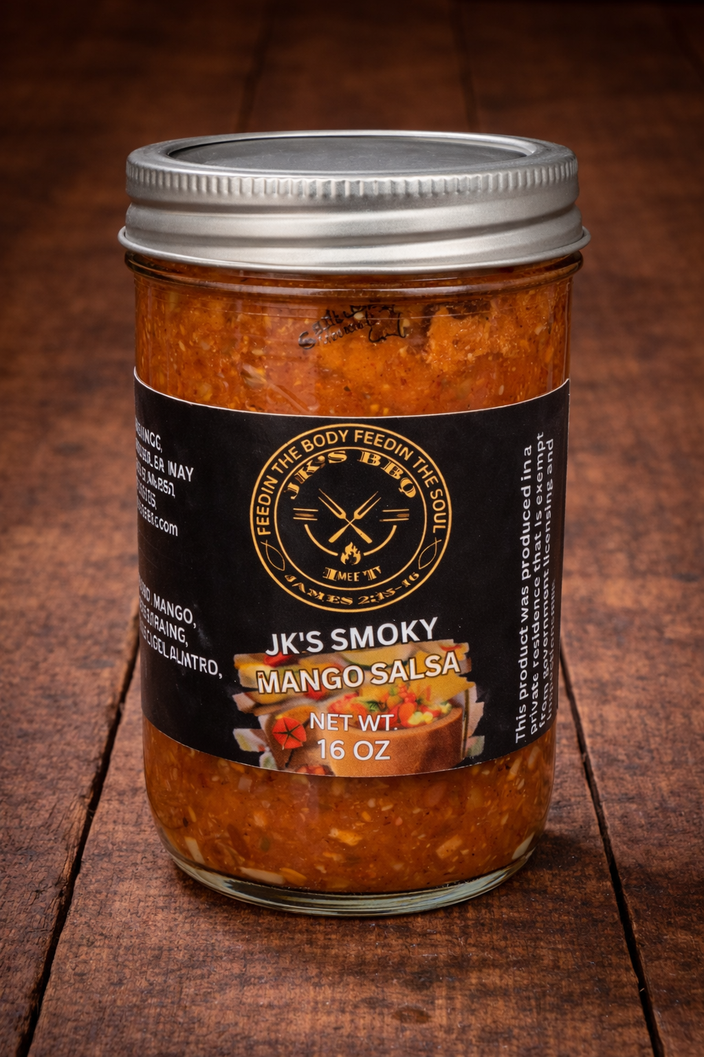JK's BBQ Pit Smoky Mango Salsa 16 oz jar on rustic wooden background sweet smoky mango salsa