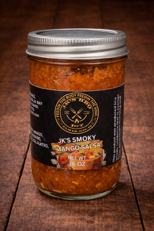 JK's BBQ Pit Smoky Mango Salsa 16 oz jar on rustic wooden background sweet smoky mango salsa