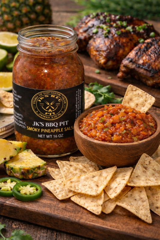 JK’s BBQ Pit Smoky Pineapple Salsa 16 oz jar with chunky salsa in bowl, tortilla chips, pineapple slices, and grilled BBQ chicken on rustic wooden board.