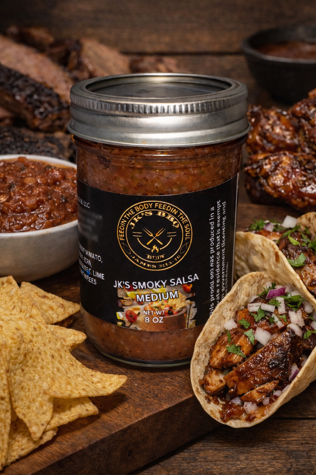 JK's BBQ Pit Smoky Salsa Medium 8 oz jar with bowl of salsa tortilla chips smoked BBQ brisket taco and smoked chicken taco on rustic wooden table