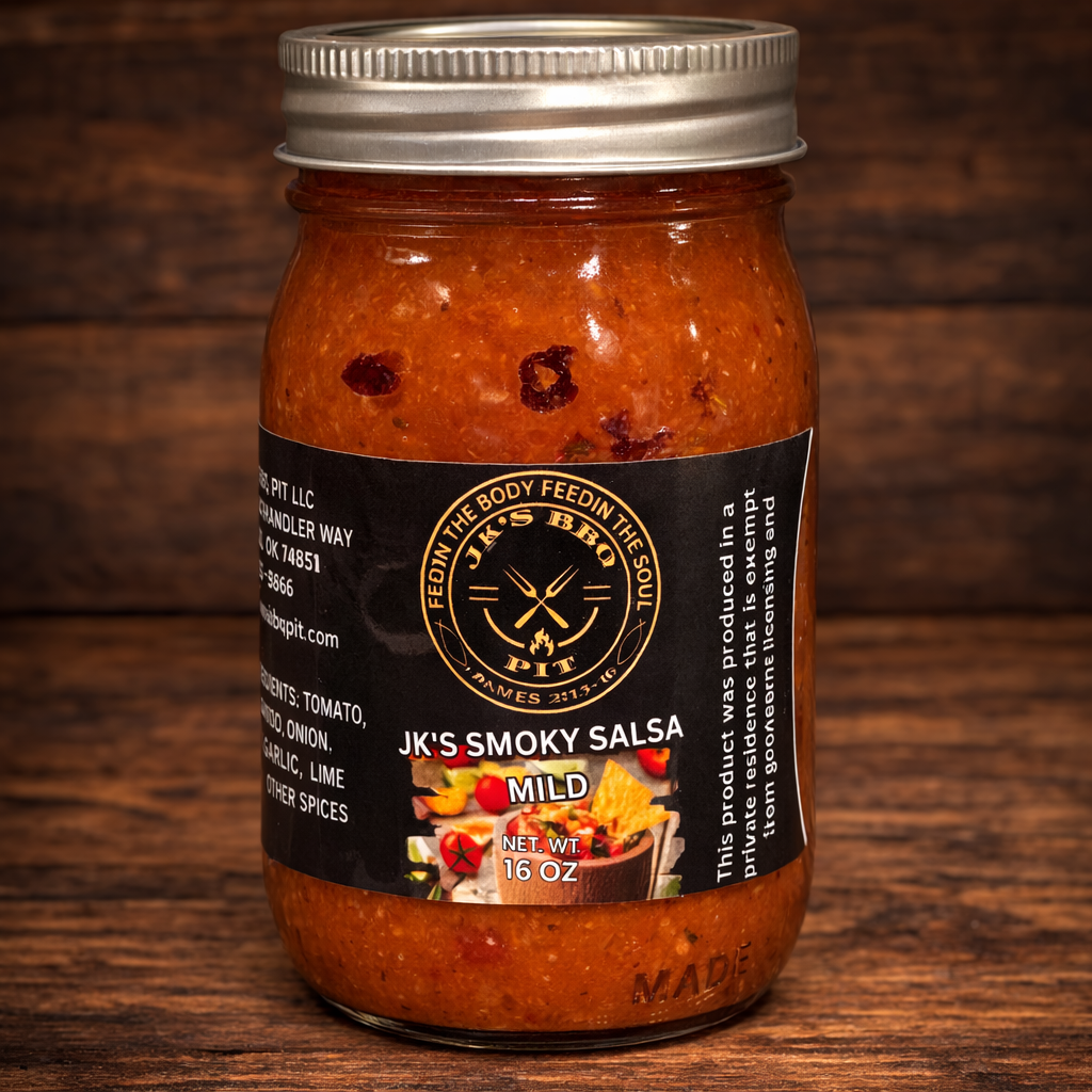JK's BBQ Pit Smoky Salsa Mild 16 oz jar on rustic wooden background small batch smoked tomato salsa in mason jar