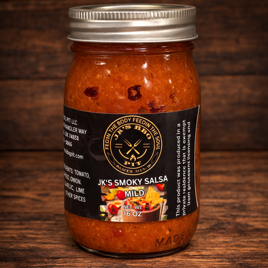 JK's BBQ Pit Smoky Salsa Mild 16 oz jar on rustic wooden background small batch smoked tomato salsa in mason jar