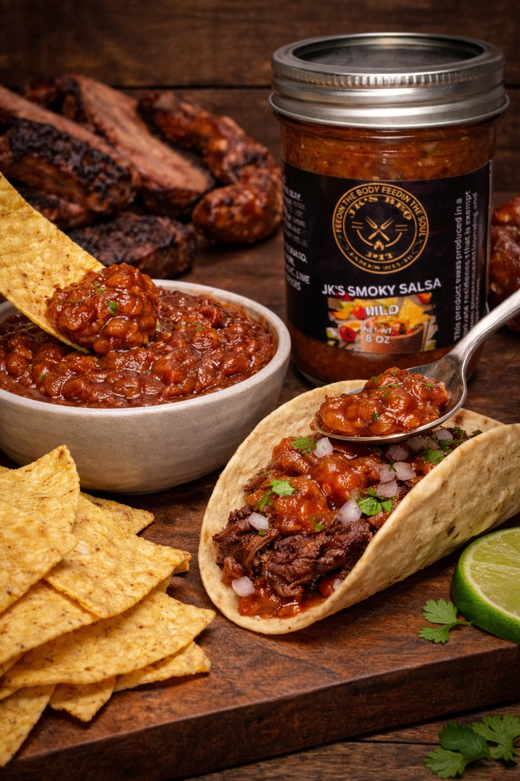 JK's BBQ Pit Smoky Salsa Mild 8 oz jar with bowl of salsa tortilla chips dipping brisket taco topped with salsa on rustic wooden BBQ table