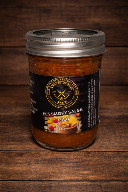 JK's BBQ Pit Smoky Salsa Mild 8 oz jar on rustic wooden background small batch smoked tomato salsa in mason jar