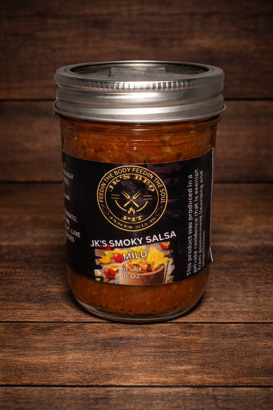 JK's BBQ Pit Smoky Salsa Mild 8 oz jar on rustic wooden background small batch smoked tomato salsa in mason jar