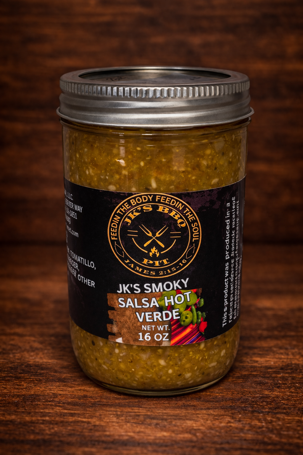 JK's BBQ Pit Smoky Salsa Verde Hot 16 oz jar on rustic wooden background small batch smoked tomatillo green salsa