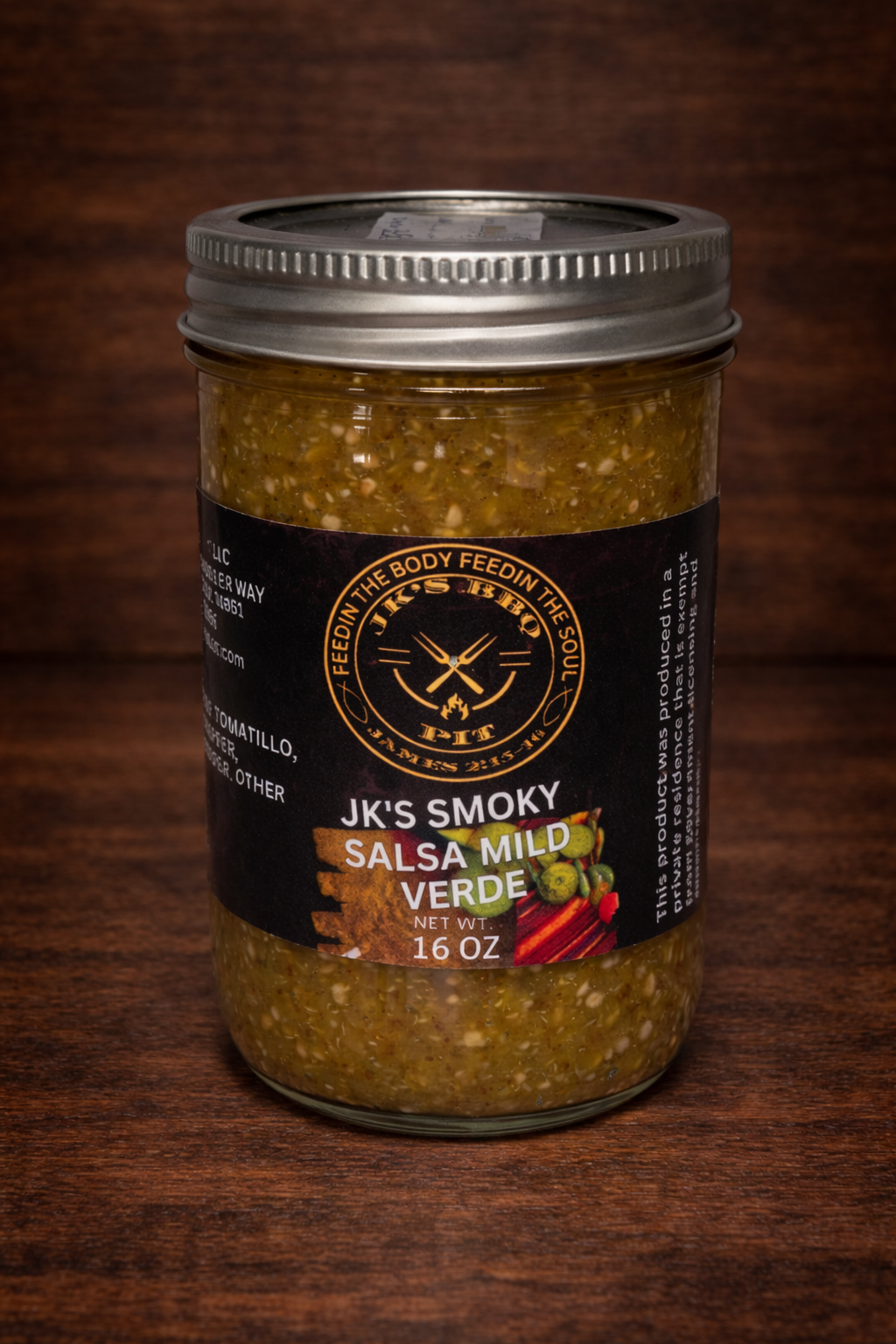 JK's BBQ Pit Smoky Salsa Verde Mild 16 oz jar on rustic wooden background small batch smoked tomatillo green salsa