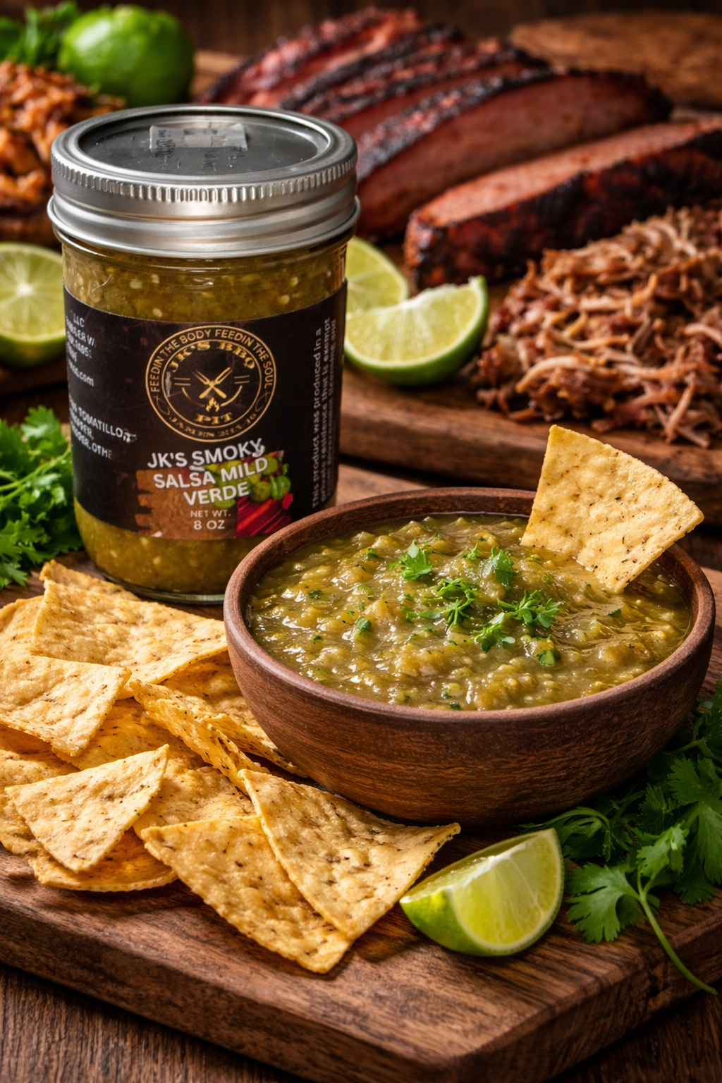 JK's BBQ Pit Smoky Salsa Verde Mild 8 oz jar with bowl of green salsa tortilla chips smoked brisket and pulled pork on rustic wooden BBQ table