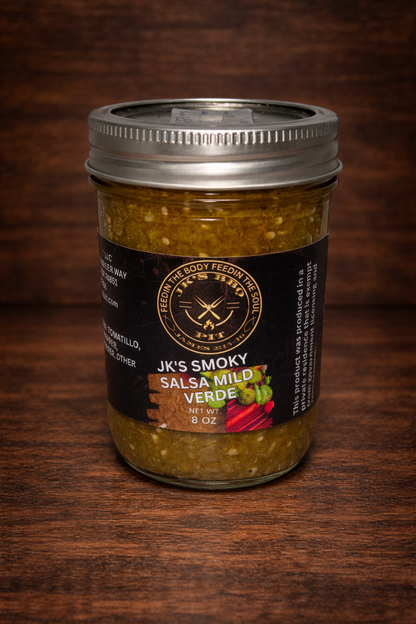 JK's BBQ Pit Smoky Salsa Verde Mild 8 oz jar on rustic wooden background small batch smoked tomatillo green salsa
