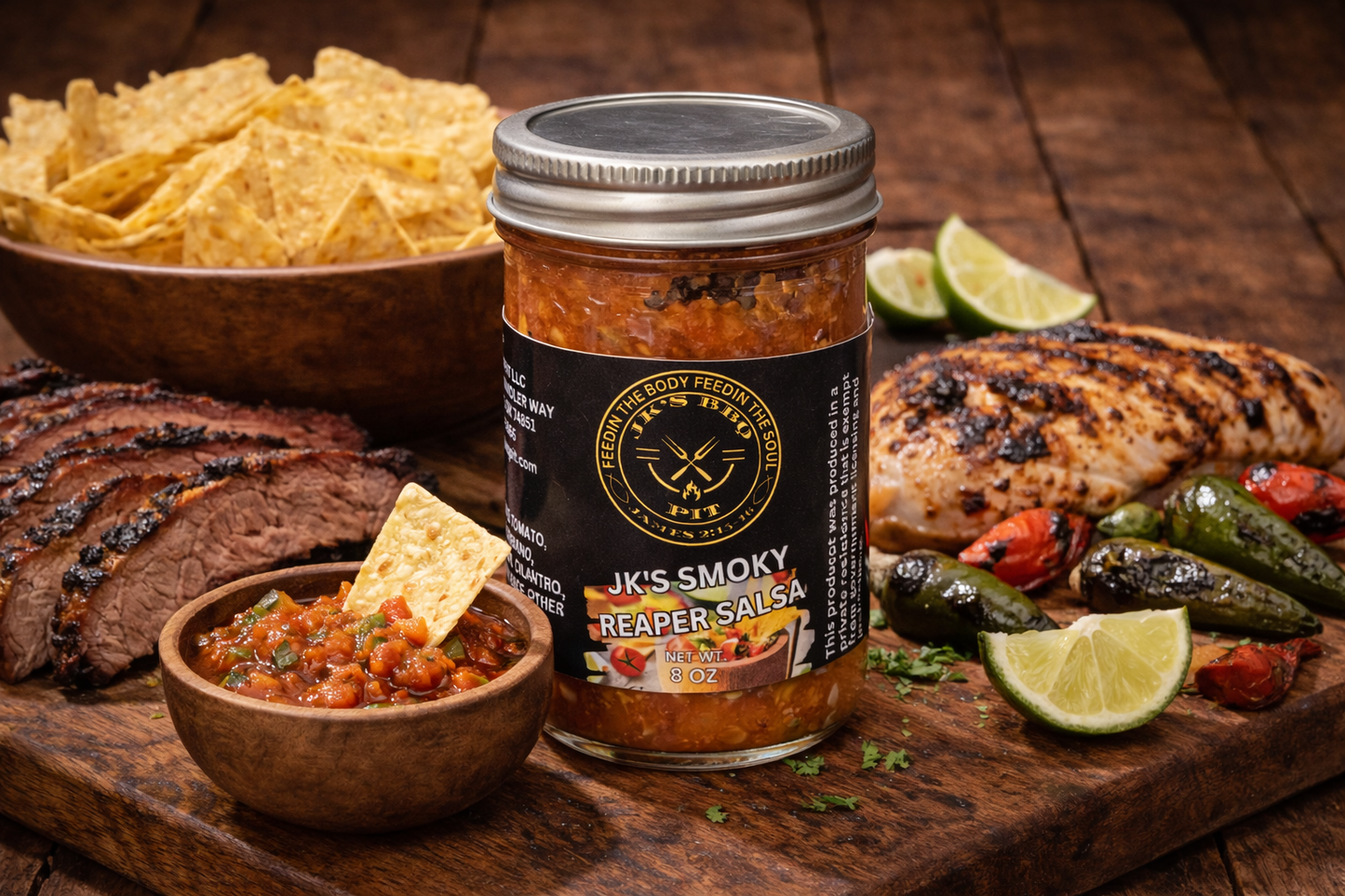 Jar of JK’s Carolina Reaper Smoked Salsa with smoked brisket, grilled chicken, tortilla chips, and fresh salsa on a rustic wooden cutting board