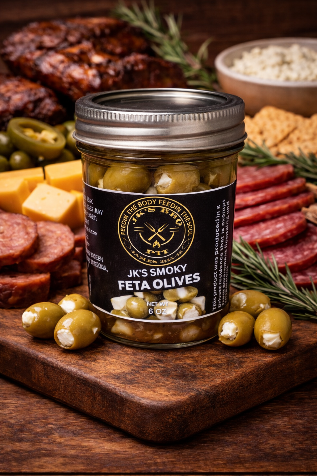 Smoked Feta Olives by JK’s BBQ Pit with BBQ charcuterie board on rustic wooden table