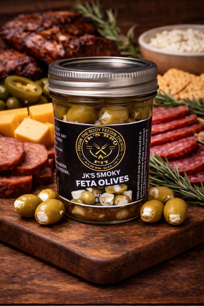 Smoked Feta Olives by JK’s BBQ Pit with BBQ charcuterie board on rustic wooden table