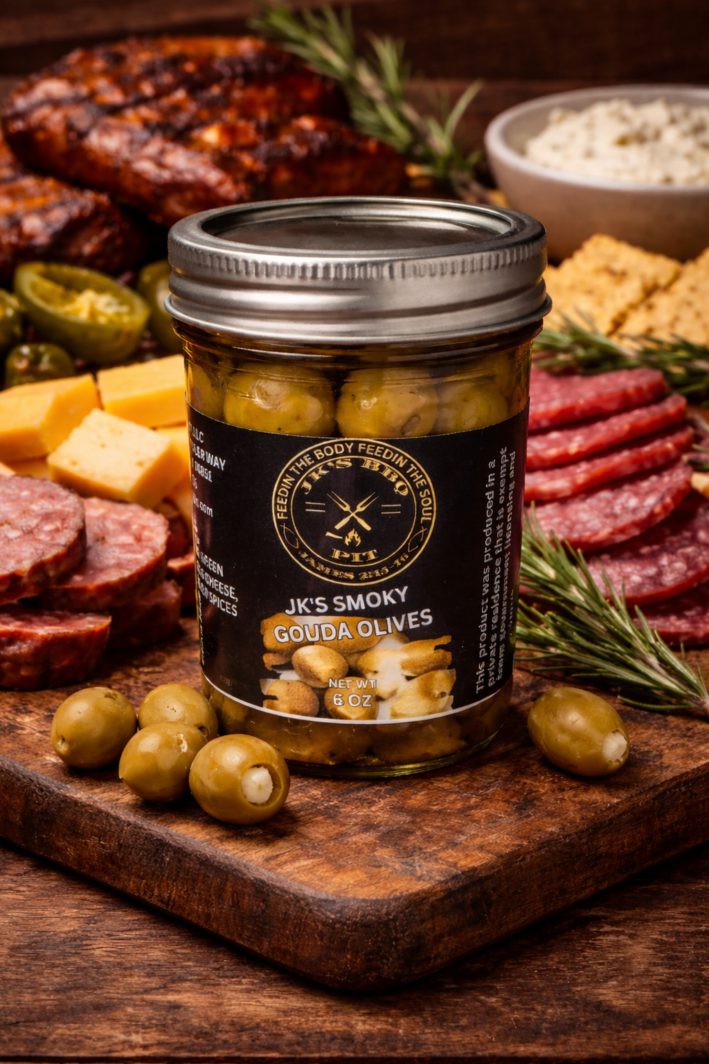 Smoked Gouda Olives by JK’s BBQ Pit with BBQ charcuterie board, meats, cheeses and olives on rustic wooden table